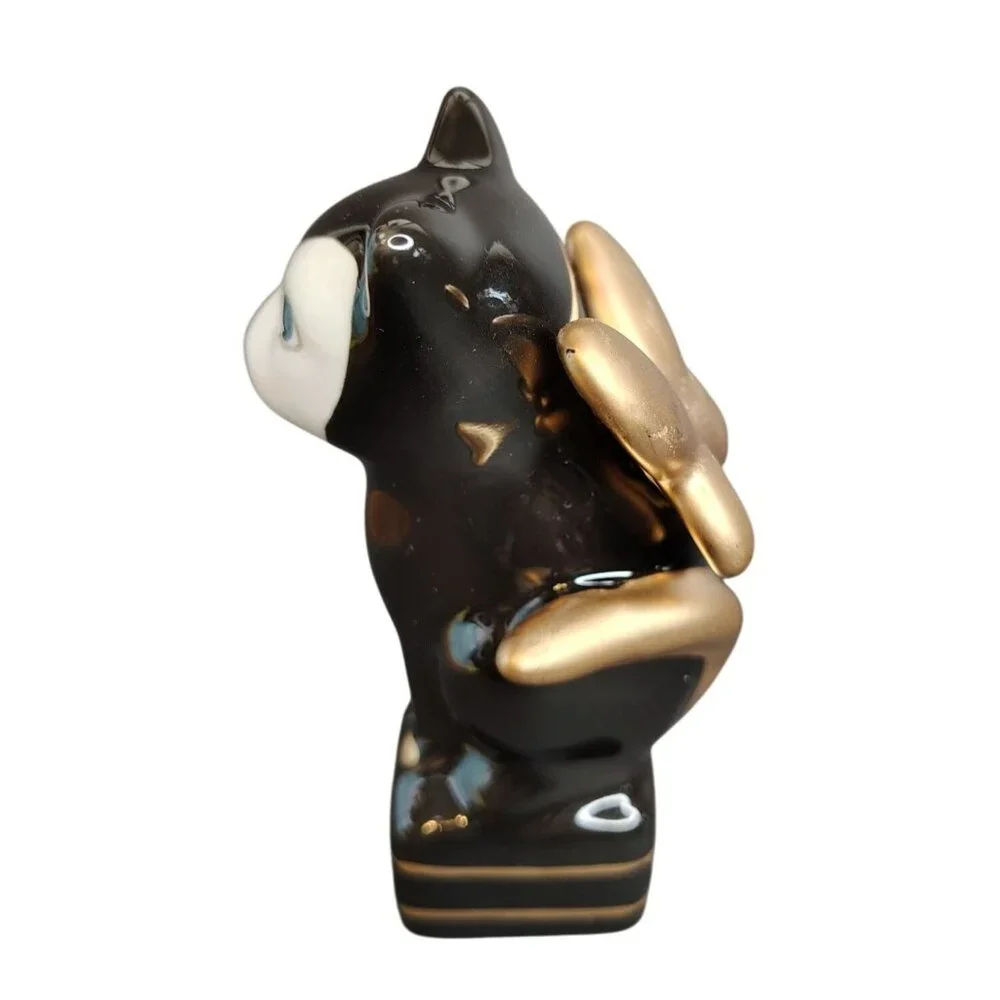 West Elm Black White Cat Angel Wing Cat Figurine, Gold Wings Nose Toes, Ceramic